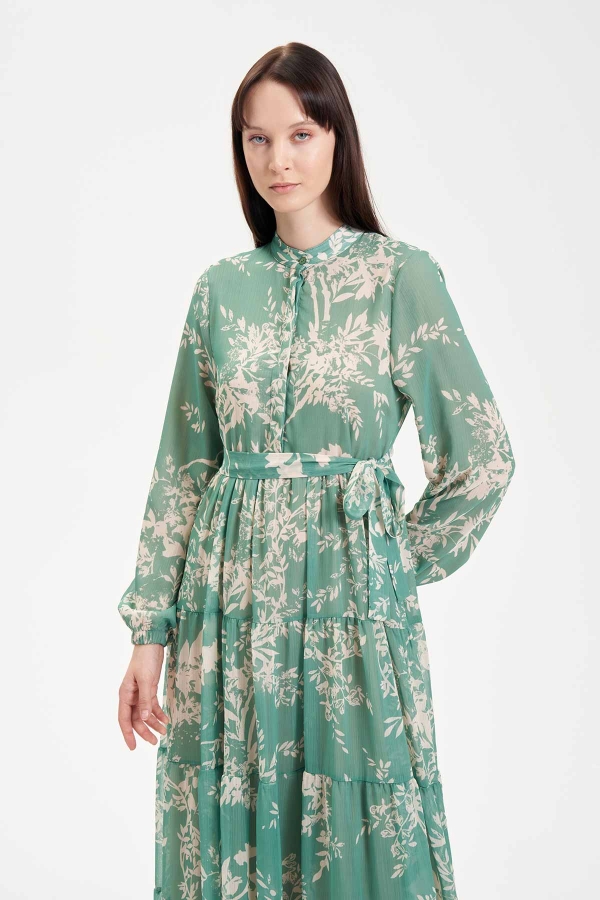 Miori Georgia Şifon Kat Detaylı Elbise Su Yeşili - Thumbnail